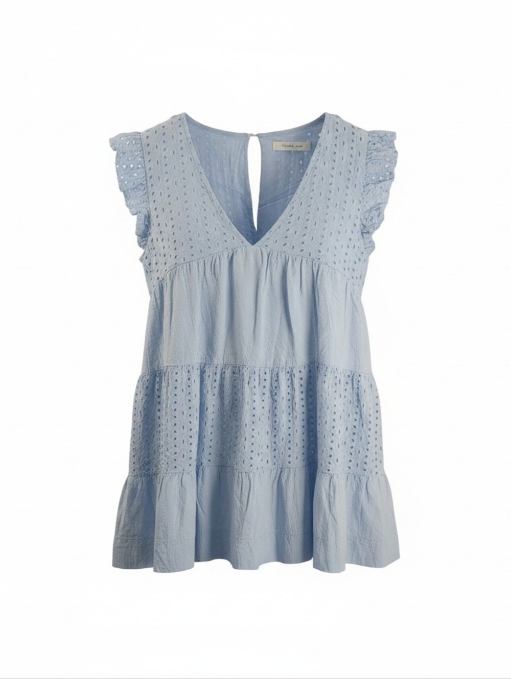 Mustard Seed Light Blue Eyelet Romper Dress Med Babydoll Tiered Built In Shorts
